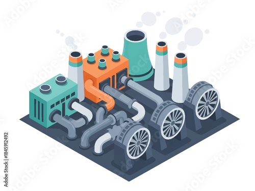 Isometric vector 3D view of an industrial power plant with turbines and control rooms, representing large-scale energy production
