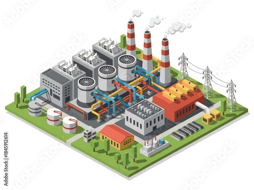 Isometric vector 3D view of an industrial power plant with turbines and control rooms, representing large-scale energy production