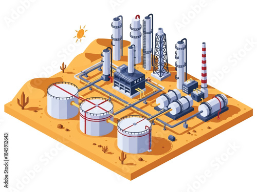 Isometric vector 3D view of an oil and gas refinery complex with pipelines and tanks, illustrating energy and petrochemical industry operations