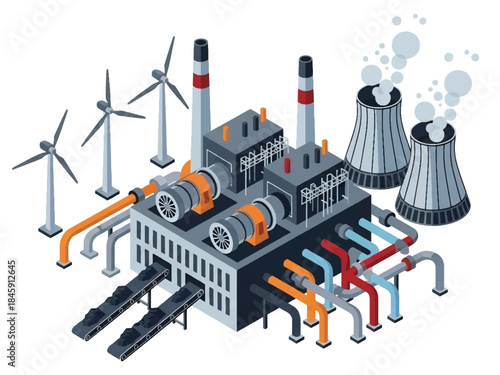 Isometric vector 3D view of an industrial power plant with turbines and control rooms, representing large-scale energy production