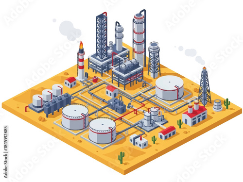 Isometric vector 3D view of an oil and gas refinery complex with pipelines and tanks, illustrating energy and petrochemical industry operations