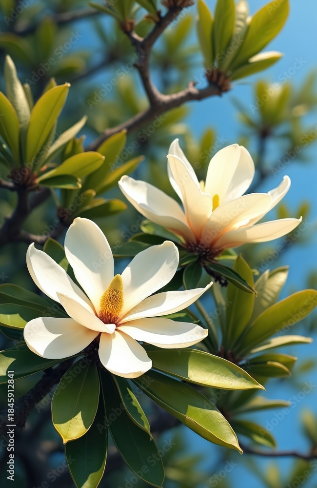 Fototapeta premium White magnolia blossoms on branch with green leaves on sunny day, bright blue sky background. Summer flora detail, nature beauty, botanical garden.