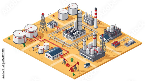 Isometric vector 3D view of an oil and gas refinery complex with pipelines and tanks, illustrating energy and petrochemical industry operations