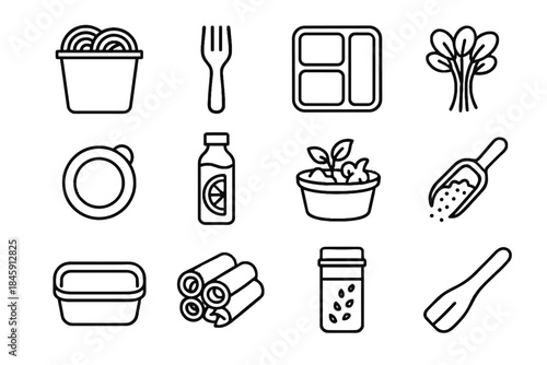 Vector bundle jar spatula compost noodles eco lunch friendly icon microgreens meal