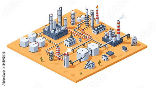 Isometric vector 3D view of an oil and gas refinery complex with pipelines and tanks, illustrating energy and petrochemical industry operations