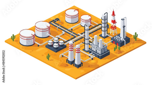 Isometric vector 3D view of an oil and gas refinery complex with pipelines and tanks, illustrating energy and petrochemical industry operations