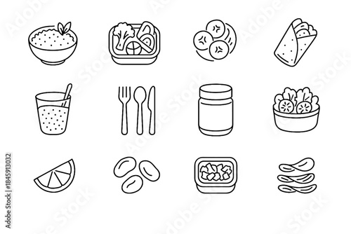 Vector citrus icons salad chia portion apricots healthy lunch dried lunchbox cutlery