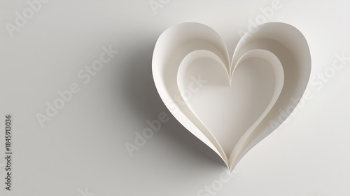 Minimalist paper-cut heart with soft shadow on white background. Ideal for Valentine’s Day greeting cards, wedding invitations, and nursery decor with copy space
