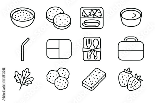 Icon lunchbox collection millet halves cutlery bowl vector straw snack butter bar