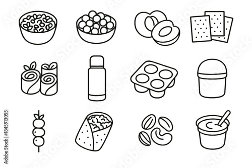 Healthy cup icons grain thermos salad icon lunchbox nut cluster vector veggie