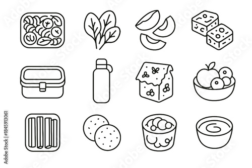 Bites wrap yogurt icon lunchbox cup healthy salad vector seed icons plum