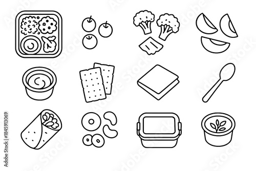 Veggie icons tomatoes lunchbox hummus vector mix healthy florets wrap cherry icon
