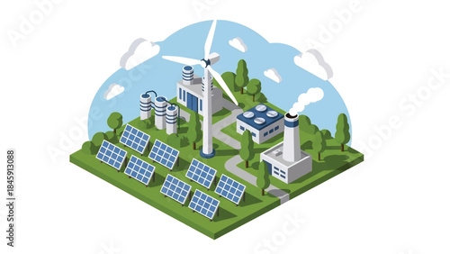 Isometric vector 3D view of a renewable energy factory with solar panels and wind components, illustrating sustainable industrial production