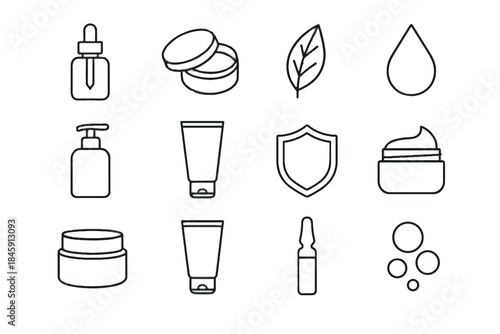 Care leaf skin calming cleanser jar pump outline cream hydrating icon vector