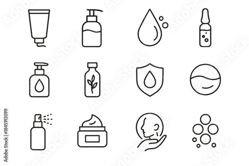 Care barrier pump gentle vector botanical vial droplet ceramide booster skin icons