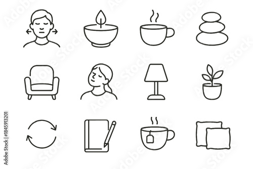 Moment outline neck soft mindfulness icon stretch notebook symbol vector lamp set