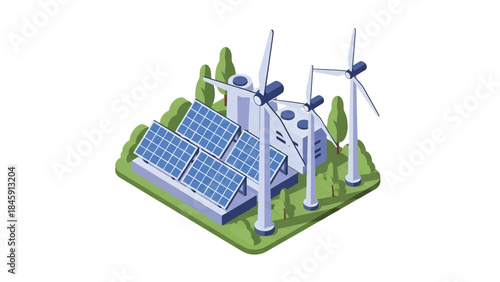 Isometric vector 3D view of a renewable energy factory with solar panels and wind components, illustrating sustainable industrial production