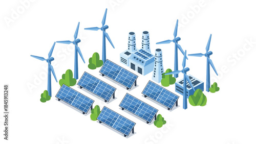 Isometric vector 3D view of a renewable energy factory with solar panels and wind components, illustrating sustainable industrial production