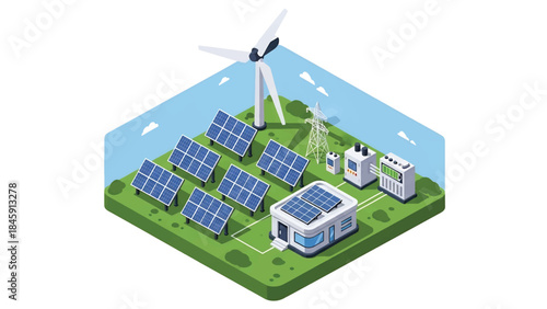 Isometric vector 3D view of a renewable energy factory with solar panels and wind components, illustrating sustainable industrial production