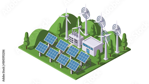 Isometric vector 3D view of a renewable energy factory with solar panels and wind components, illustrating sustainable industrial production