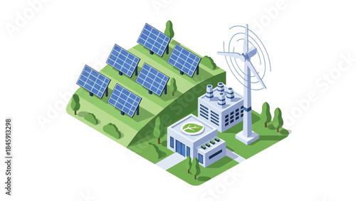Isometric vector 3D view of a renewable energy factory with solar panels and wind components, illustrating sustainable industrial production
