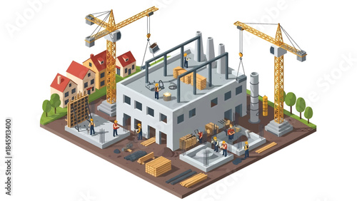 Isometric vector 3D view of an industrial construction site with cranes and workers, showing factory development and infrastructure building