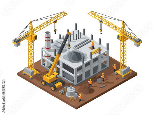Isometric vector 3D view of an industrial construction site with cranes and workers, showing factory development and infrastructure building
