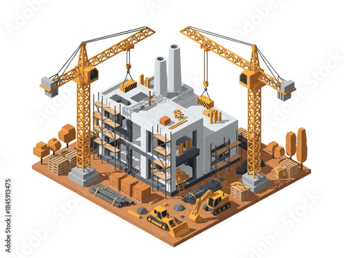 Isometric vector 3D view of an industrial construction site with cranes and workers, showing factory development and infrastructure building