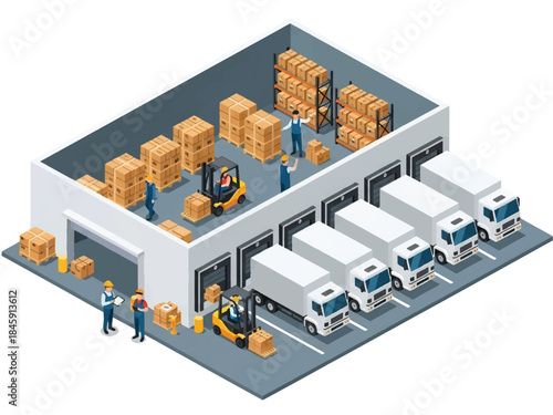 Isometric vector 3D view of a logistics distribution center with trucks and loading docks, illustrating modern supply chain operations