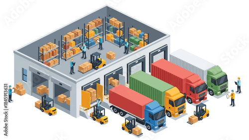 Isometric vector 3D view of a logistics distribution center with trucks and loading docks, illustrating modern supply chain operations