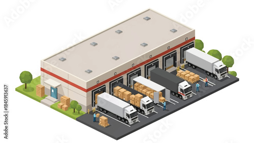 Isometric vector 3D view of a logistics distribution center with trucks and loading docks, illustrating modern supply chain operations