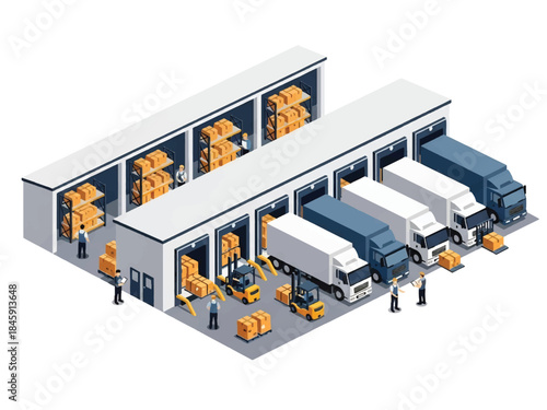 Isometric vector 3D view of a logistics distribution center with trucks and loading docks, illustrating modern supply chain operations