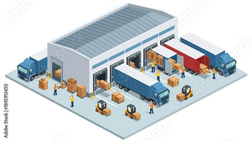 Isometric vector 3D view of a logistics distribution center with trucks and loading docks, illustrating modern supply chain operations