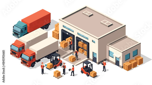 Isometric vector 3D view of a logistics distribution center with trucks and loading docks, illustrating modern supply chain operations