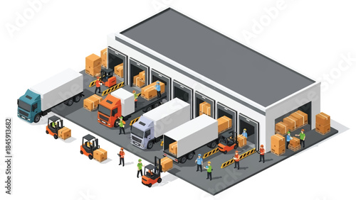 Isometric vector 3D view of a logistics distribution center with trucks and loading docks, illustrating modern supply chain operations