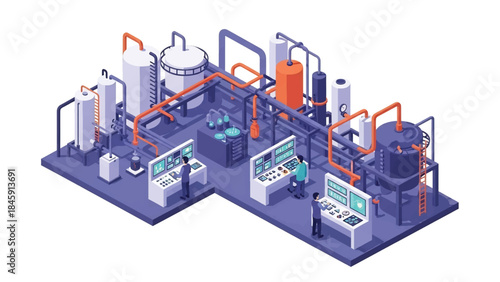 Isometric vector 3D view of a chemical manufacturing plant with tanks and pipes, representing industrial chemistry production processes