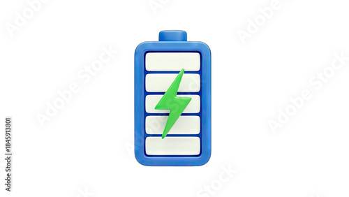 3D Battery Charging with Green Lightning Bolt on White Background