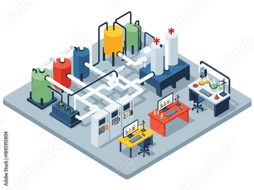 Isometric vector 3D view of a chemical manufacturing plant with tanks and pipes, representing industrial chemistry production processes
