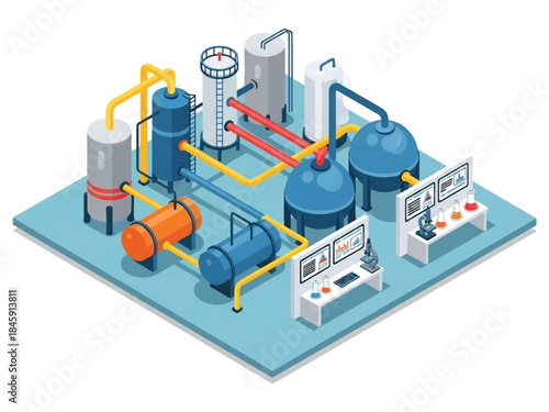 Isometric vector 3D view of a chemical manufacturing plant with tanks and pipes, representing industrial chemistry production processes