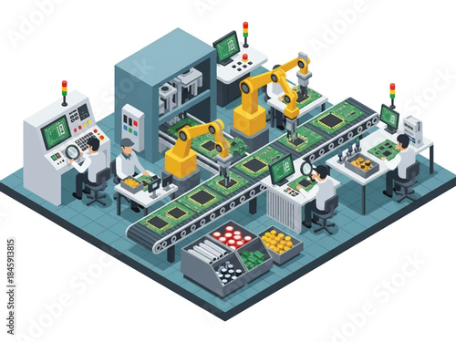Isometric vector 3D view of an electronics manufacturing plant assembling circuit boards, representing high-tech industrial production