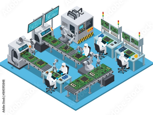 Isometric vector 3D view of an electronics manufacturing plant assembling circuit boards, representing high-tech industrial production
