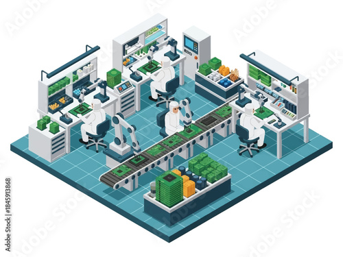 Isometric vector 3D view of an electronics manufacturing plant assembling circuit boards, representing high-tech industrial production