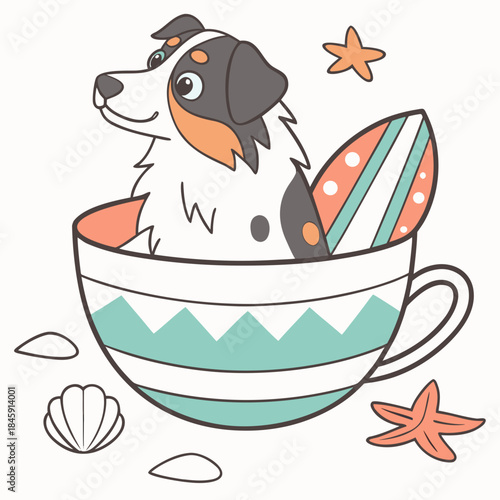 Whimsical Australian Shepherd feeling Happy in a Under the Sea setting with in a teacup – colored in Ocean Dreams