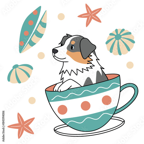 Charming SVG of a Grumpy Australian Shepherd featuring in a teacup, styled in a Under the Sea theme with Ocean Dreams hues
