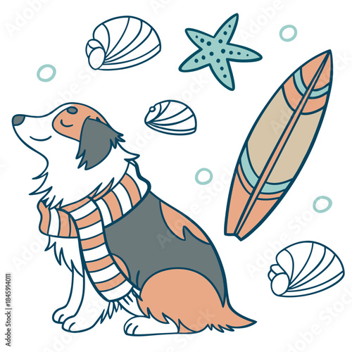 Charming SVG of a Sleepy Australian Shepherd featuring with a scarf, styled in a Under the Sea theme with Ocean Dreams hues