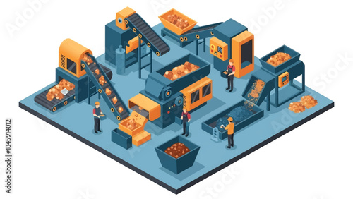 Isometric vector 3D view of an industrial recycling facility with machines and workers sorting materials, representing sustainable industry practices