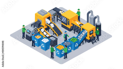Isometric vector 3D view of an industrial recycling facility with machines and workers sorting materials, representing sustainable industry practices