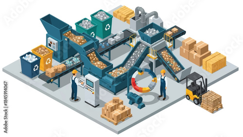 Isometric vector 3D view of an industrial recycling facility with machines and workers sorting materials, representing sustainable industry practices