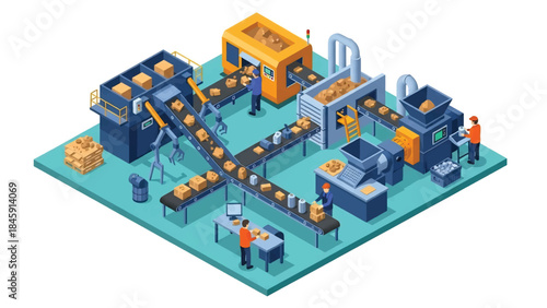 Isometric vector 3D view of an industrial recycling facility with machines and workers sorting materials, representing sustainable industry practices