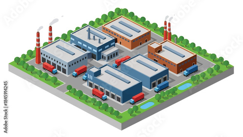 Isometric vector 3D view of a large industrial factory complex exterior with warehouses and transport vehicles, illustrating industrial infrastructure